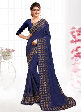 Floral Satin Navy Blue Swarovski Trendy Saree