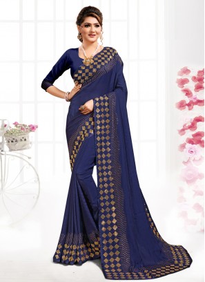 Floral Satin Navy Blue Swarovski Trendy Saree