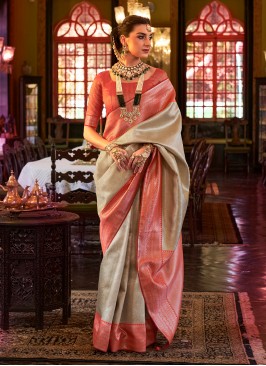 Floral Woven Kanjivaram Silk Cream Classic Designer Saree