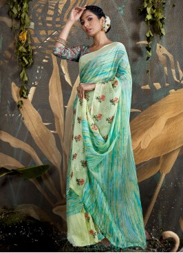 Foil Embroidered Trendy Saree in Aqua Blue