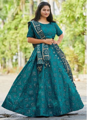 Foil Print Banglori Silk Trendy Lehenga Choli in Teal