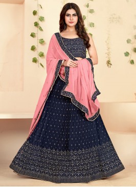 Foil Print Georgette A Line Lehenga Choli in Navy Blue