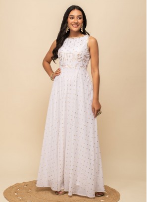Foil Print Georgette Readymade Gown in White