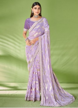 Foil Print Jacquard Trendy Saree in Lavender