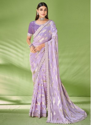 Foil Print Jacquard Trendy Saree in Lavender