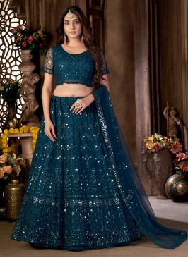 Foil Print Net Designer Long Lehenga Choli in Blue