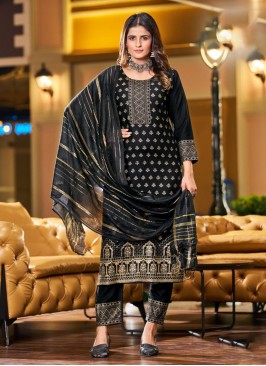 Foil Print Rayon Pant Style Suit in Black