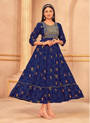 Foil Print Rayon Trendy Gown in Blue