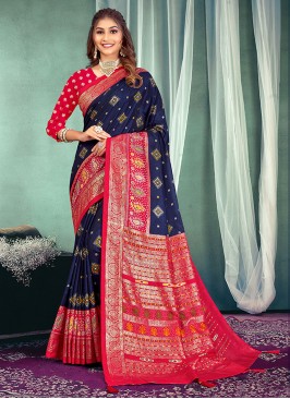 Foil Print Silk Contemporary Saree in Navy Blue
