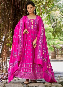 Fuchsia Foil Print Casual Trendy Gown