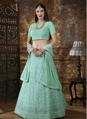 Function Wear Embroidered Lehenga Choli In Green Color