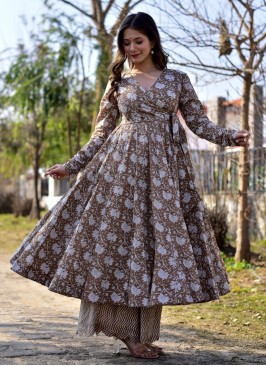 Genial Brown Digital Printed Cotton Silk Gown With Bottom