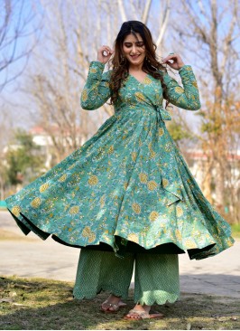 Genial Green Digital Printed Cotton Silk Gown With