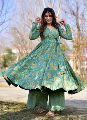 Genial Green Digital Printed Cotton Silk Gown With Bottom
