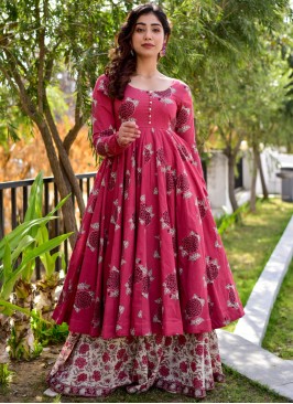 Genial Pink Digital Printed Cotton Silk Gown With Bottom