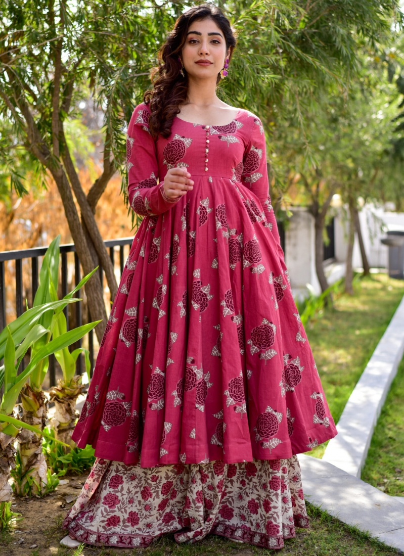 Genial Pink Digital Printed Cotton Silk Gown With Bottom
