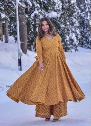 Genial Yellow Digital Printed Cotton Silk Gown With Bottom