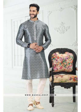 Genial Grey Printed Banarasi Silk Kurta Set For me