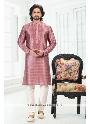 Genial Dark Pink Printed Banarasi Silk Kurta Set For men