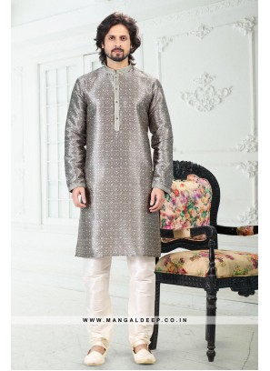 Genial Grey Printed Banarasi Silk Kurta Set For men