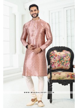 Genial Onion Pink Printed Banarasi Silk Kurta Set For men