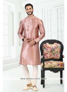 Genial Onion Pink Printed Banarasi Silk Kurta Set 