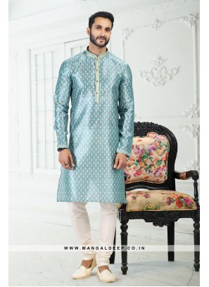 Genial Blue Printed Banarasi Silk Kurta Set For men