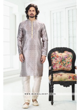 Genial Grey Printed Banarasi Silk Kurta Set For me