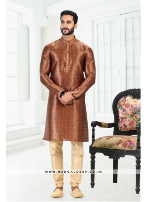 Genial Rust Printed Banarasi Silk Kurta Set For men