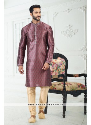 Genial Magenta Printed Banarasi Silk Kurta Set For men