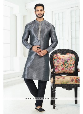 Genial Grey Printed Banarasi Silk Kurta Set For me