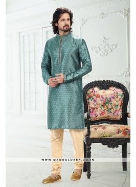Genial Teal Green Printed Banarasi Silk Kurta Set For men