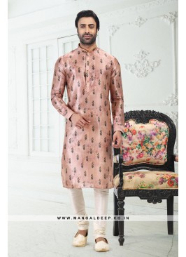 Genial Peach Printed Banarasi Silk Kurta Set For m