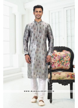 Genial Pista Green Printed Banarasi Silk Kurta Set For men