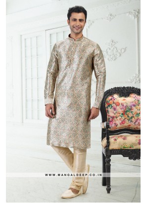 Genial Cream & Green Printed Banarasi Silk Kurta Set For men