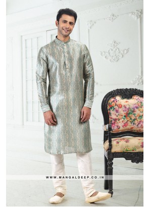 Genial Cream & Teal Green Printed Banarasi Silk Kurta Set For men