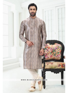 Genial Cream & Grey Printed Banarasi Silk Kurta Set For men