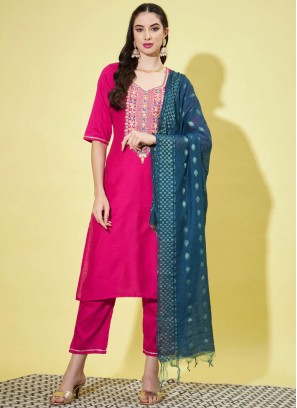 Genius Embroidered Cotton Silk Pink Pant Style Suit