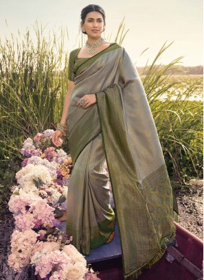 Genius Grey Kanjivaram Silk Contemporary Style Saree