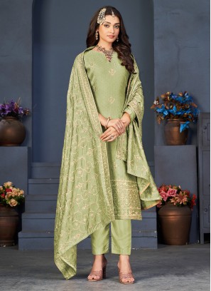 Genius Jacquard Work Sea Green Straight Salwar Kameez 
