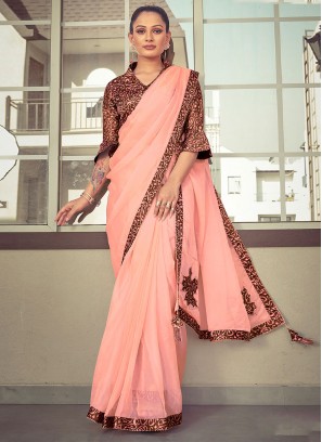Genius Peach Plain Silk Classic Saree