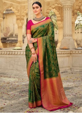 Genius Sea Green Silk Contemporary Style Saree