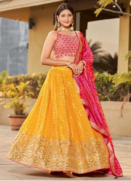 Georgette A Line Lehenga Choli in Pink and Yellow