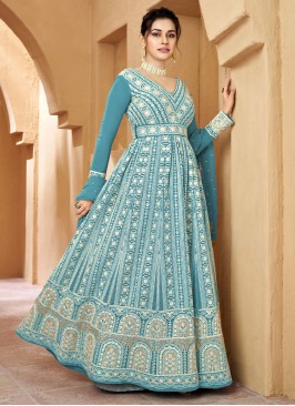 Georgette Aqua Blue Designer Gown