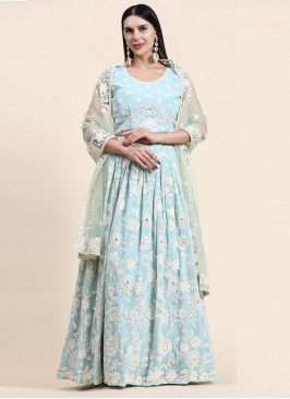 Georgette Aqua Blue Lucknowi work Designer Lehenga