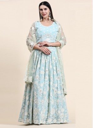 Georgette Aqua Blue Lucknowi work Designer Lehenga Choli