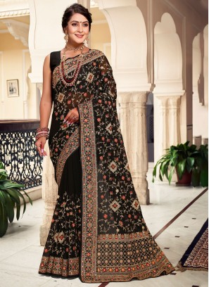 Georgette Black Embroidered Classic Saree