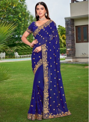 Georgette Blue Embroidered Contemporary Saree