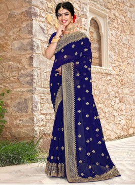 Georgette Blue Embroidered Contemporary Saree