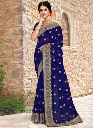 Georgette Blue Embroidered Contemporary Saree